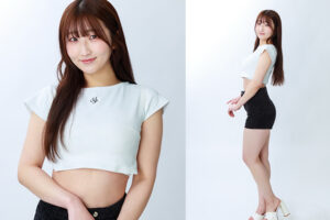 Two-panel image of a young woman with long brown hair in a white cropped top and black shorts, facing the camera on the left and turned sideways on the right, smiling.