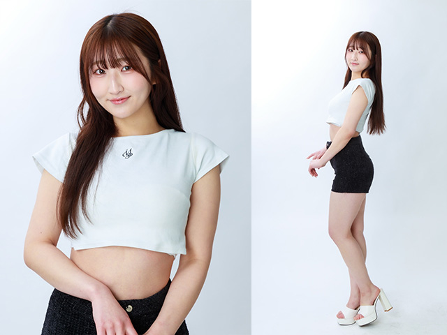 Two-panel image of a young woman with long brown hair in a white cropped top and black shorts, facing the camera on the left and turned sideways on the right, smiling.